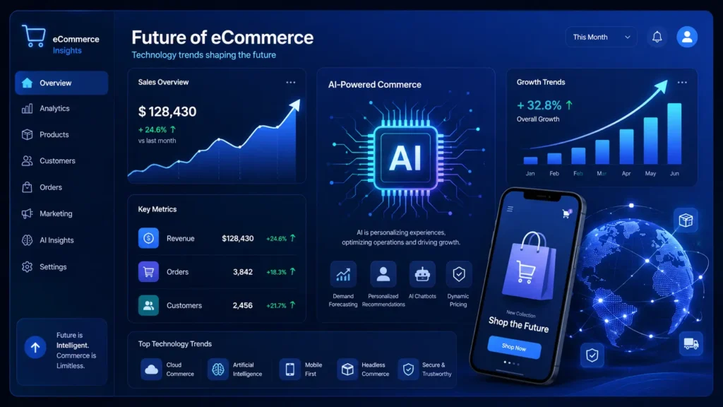 AI-powered ecommerce technology trends dashboard illustration