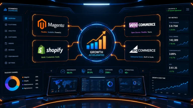Enterprise eCommerce Growth Blueprint 2026 dashboard showing Magento, Shopify, WooCommerce, and BigCommerce platforms