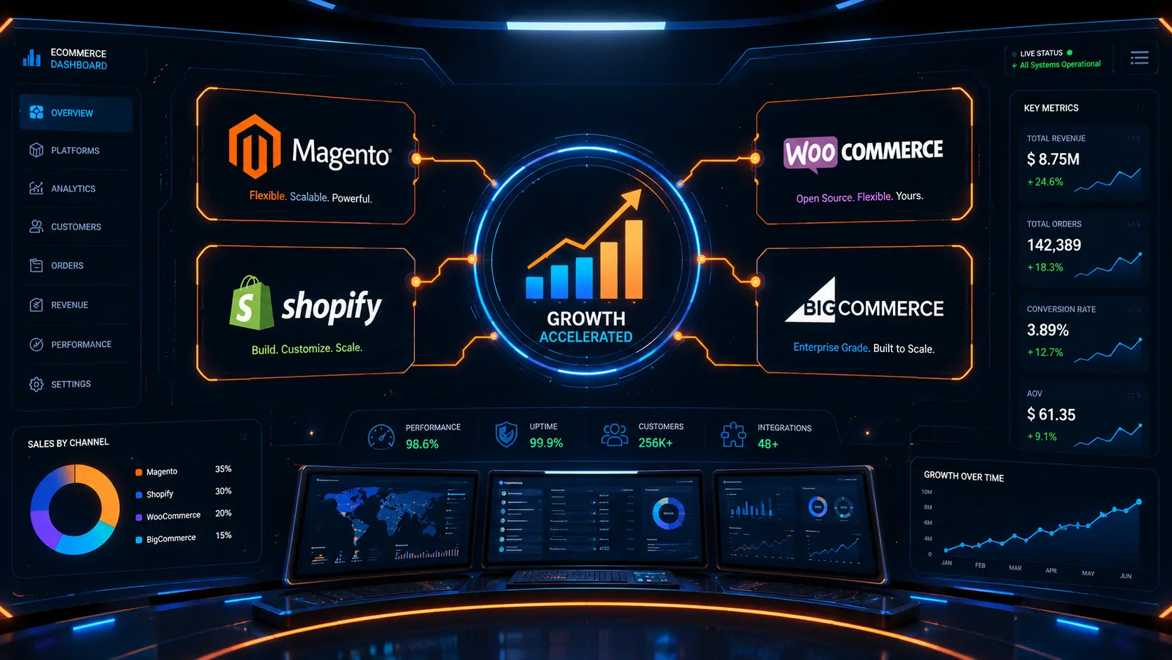 Enterprise eCommerce Growth Blueprint 2026 dashboard showing Magento, Shopify, WooCommerce, and BigCommerce platforms