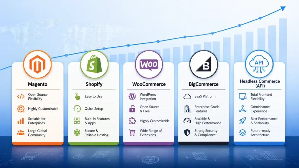Comparison of Magento, Shopify, WooCommerce, BigCommerce, and headless commerce platforms for enterprise growth