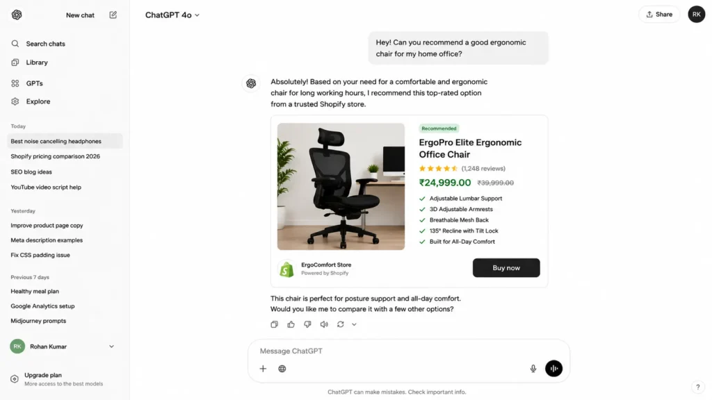 Shopify Agentic Storefront product inside AI chat assistant

