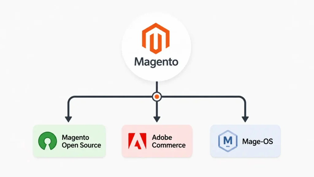 Magento Open Source vs Adobe Commerce vs Mage-OS diagram
