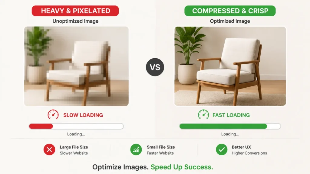 comparison of unoptimized versus optimized product images affecting ecommerce site speed