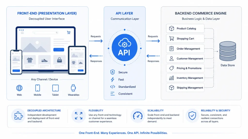 headless commerce architecture diagram showing decoupled front end and backend for faster ecommerce site speed