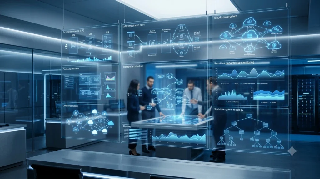 Headless Commerce Development architecture with scalable frontend systems, API orchestration, server-side rendering, cloud infrastructure, and real-time performance monitoring dashboards.