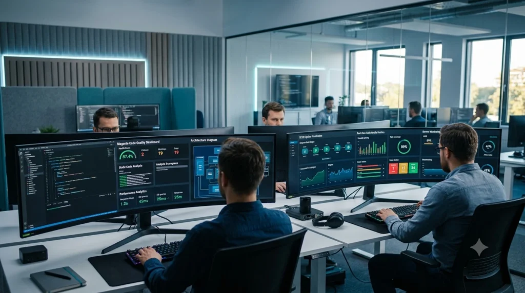 Magento Development Agency engineers reviewing code quality dashboards, static analysis reports, and platform health metrics to build secure, scalable, and high-performance Magento eCommerce solutions.