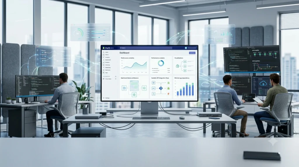 Shopify Development Agency engineering team optimizing a scalable Shopify store with clean theme architecture, high-performance development, reduced third-party app usage, and enterprise integration systems for fast, reliable eCommerce performance.