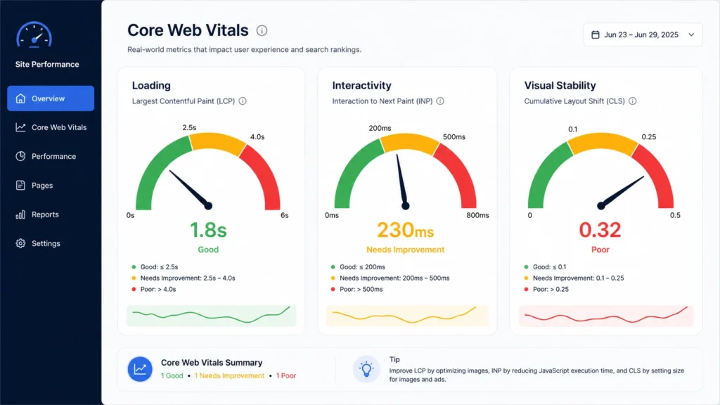 Core Web Vitals performance metrics for ecommerce pages
