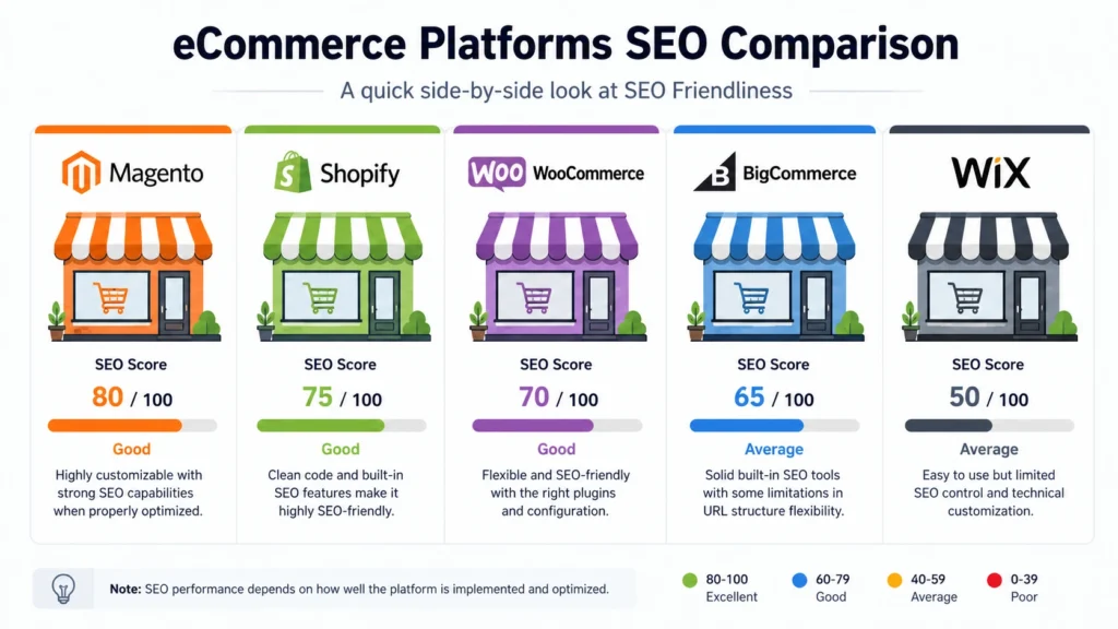 Ecommerce platforms SEO comparison Shopify WooCommerce Magento BigCommerce