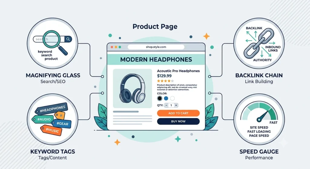 eCommerce SEO optimization components illustration
