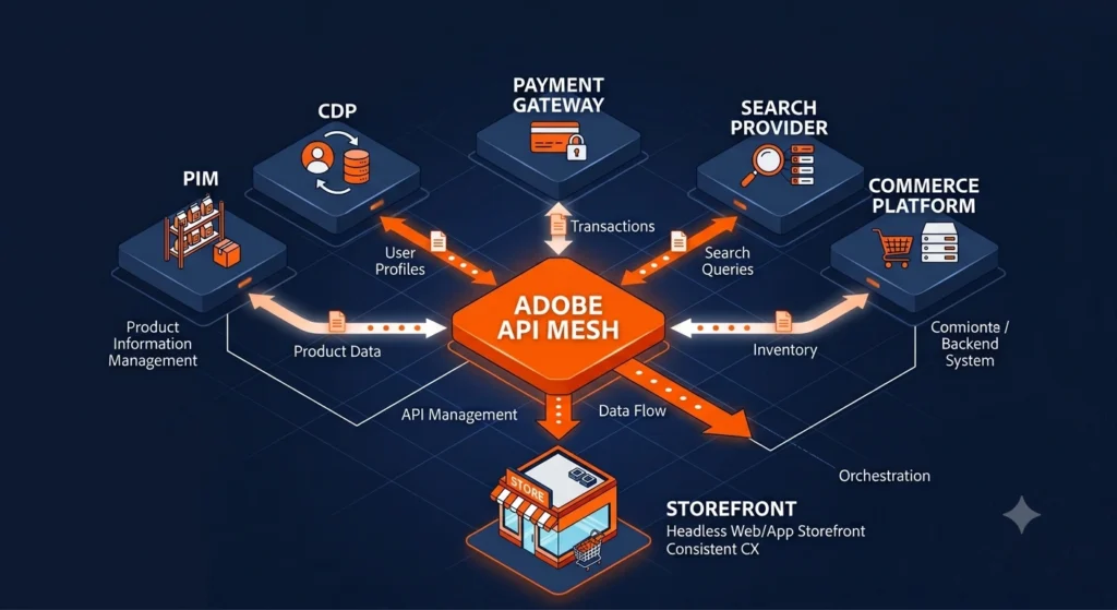 Adobe API Mesh unifying multiple backend systems into one GraphQL endpoint
