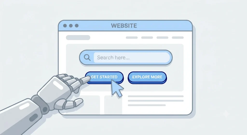 robot interacting with browser buttons representing agentic browsing