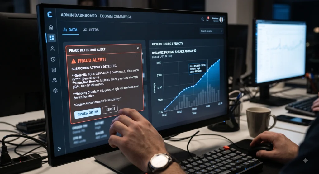 AI in eCommerce 2026 fraud detection and dynamic pricing dashboard