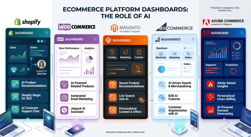 AI in eCommerce 2026 platform comparison across Shopify WooCommerce Magento BigCommerce
