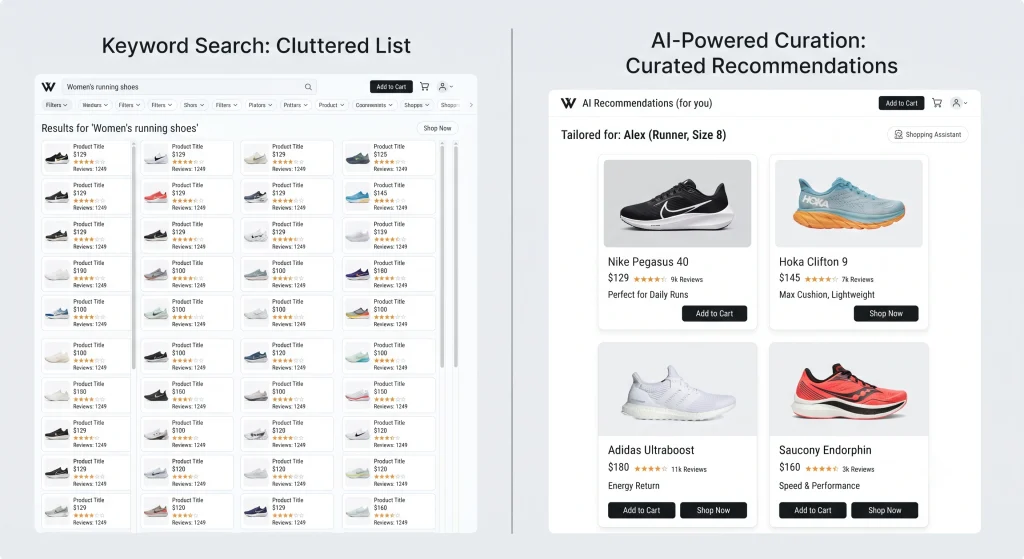 Comparison of traditional keyword search and intent-based product discovery