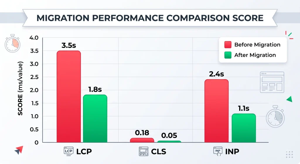 Core Web Vitals score comparison before and after Magento migration