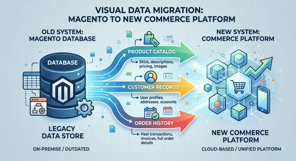 Ecommerce data migration process diagram for Magento