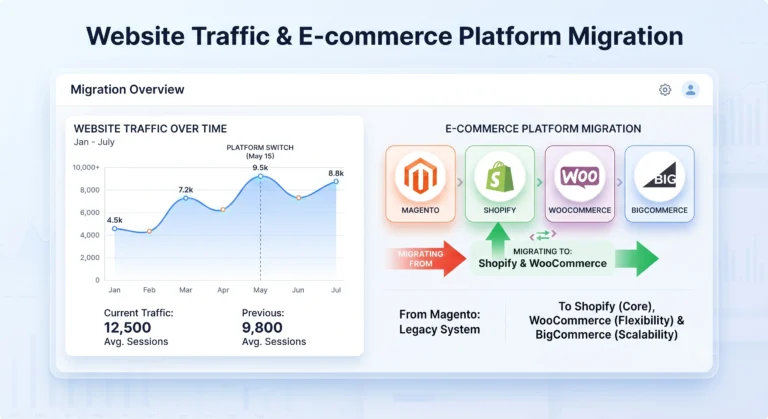 eCommerce migration and SEO planning dashboard showing rankings and traffic