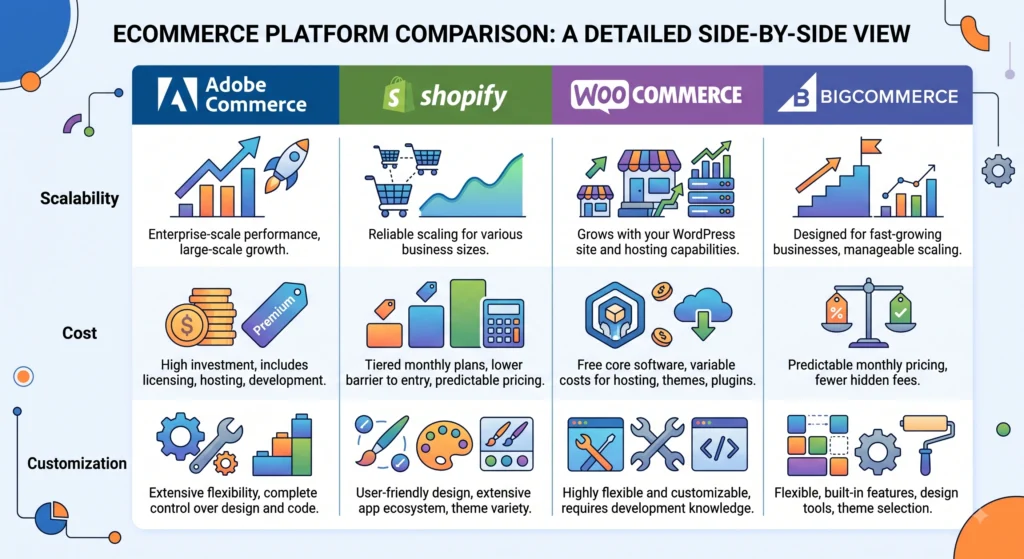Comparison chart of Adobe Commerce, Shopify, WooCommerce, and BigCommerce