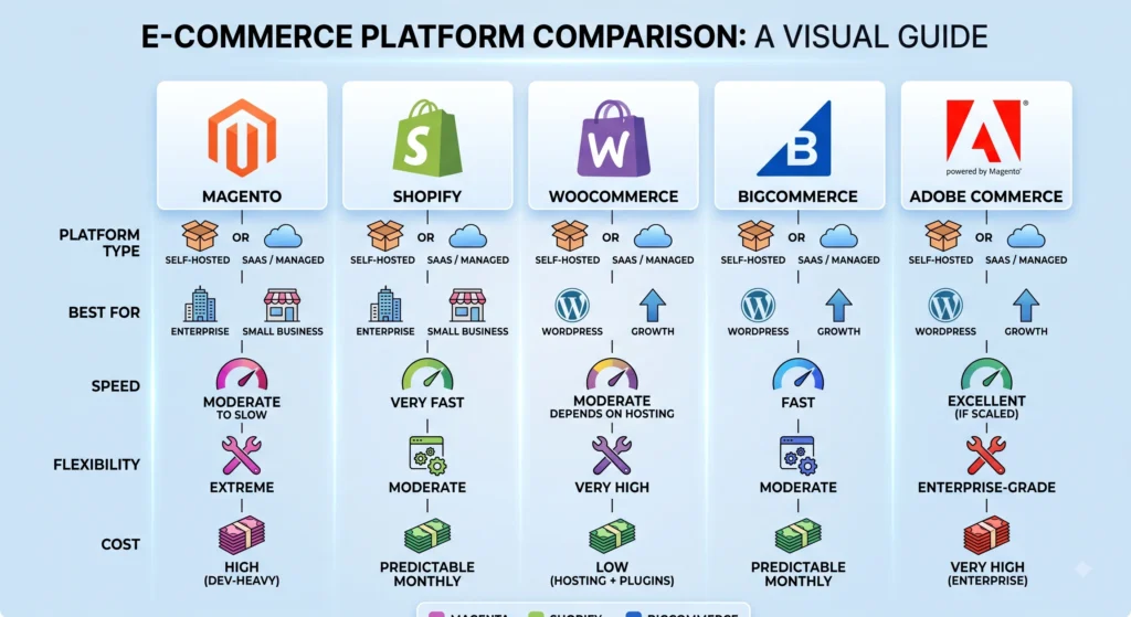comparison of Magento Shopify WooCommerce BigCommerce and Adobe Commerce platforms