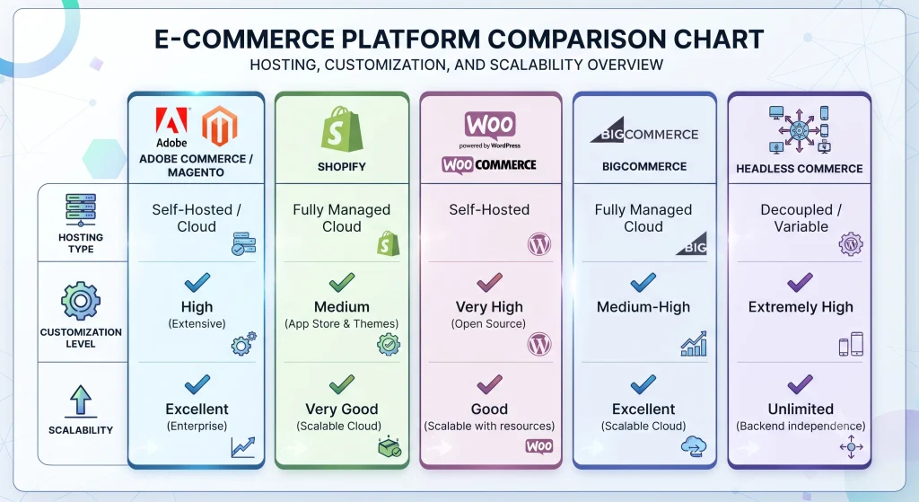 Ecommerce platform comparison Magento Shopify WooCommerce BigCommerce headless commerce