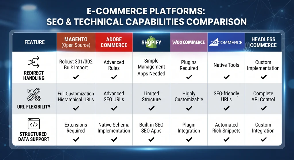 eCommerce migration and SEO platform comparison chart
