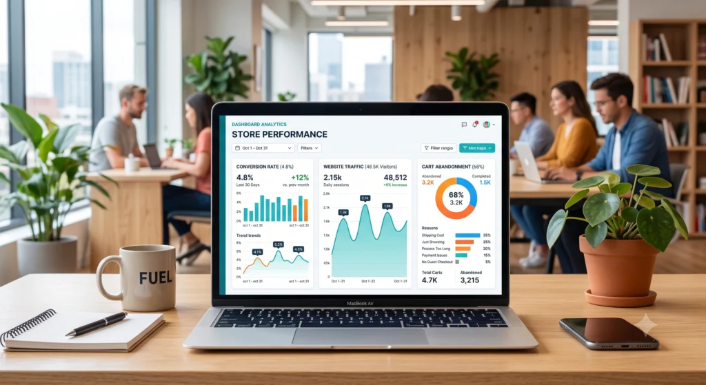 Analytics dashboard reviewed by the team after an ecommerce project launch