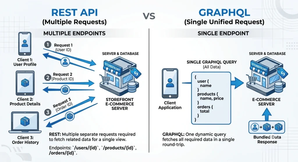 GraphQL vs REST API comparison chart for eCommerce data fetching
