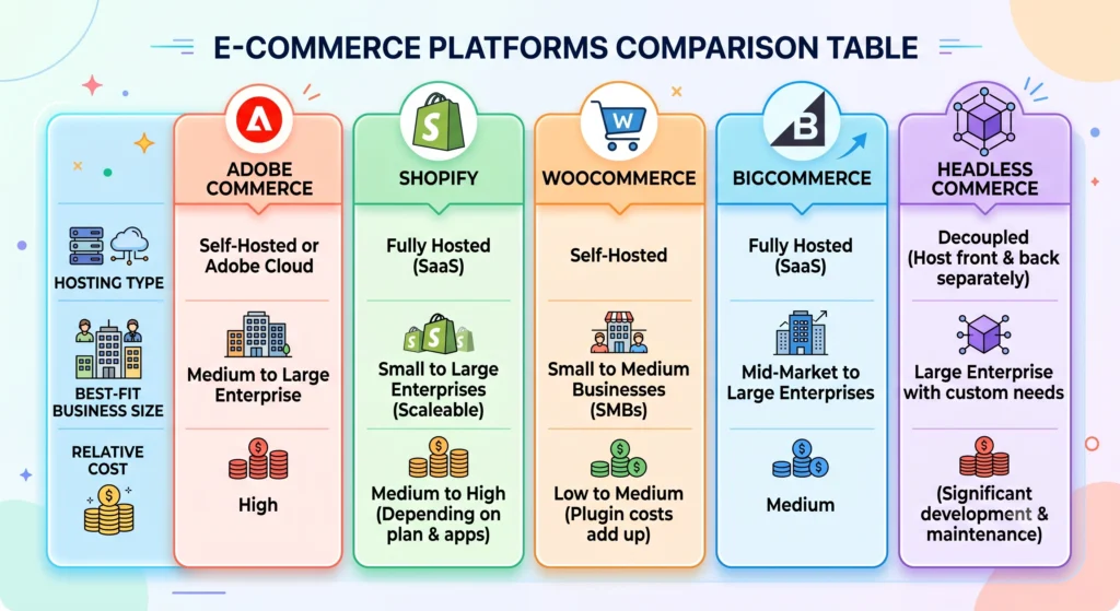 Comparison chart of platforms replacing Magento 1 after end of life