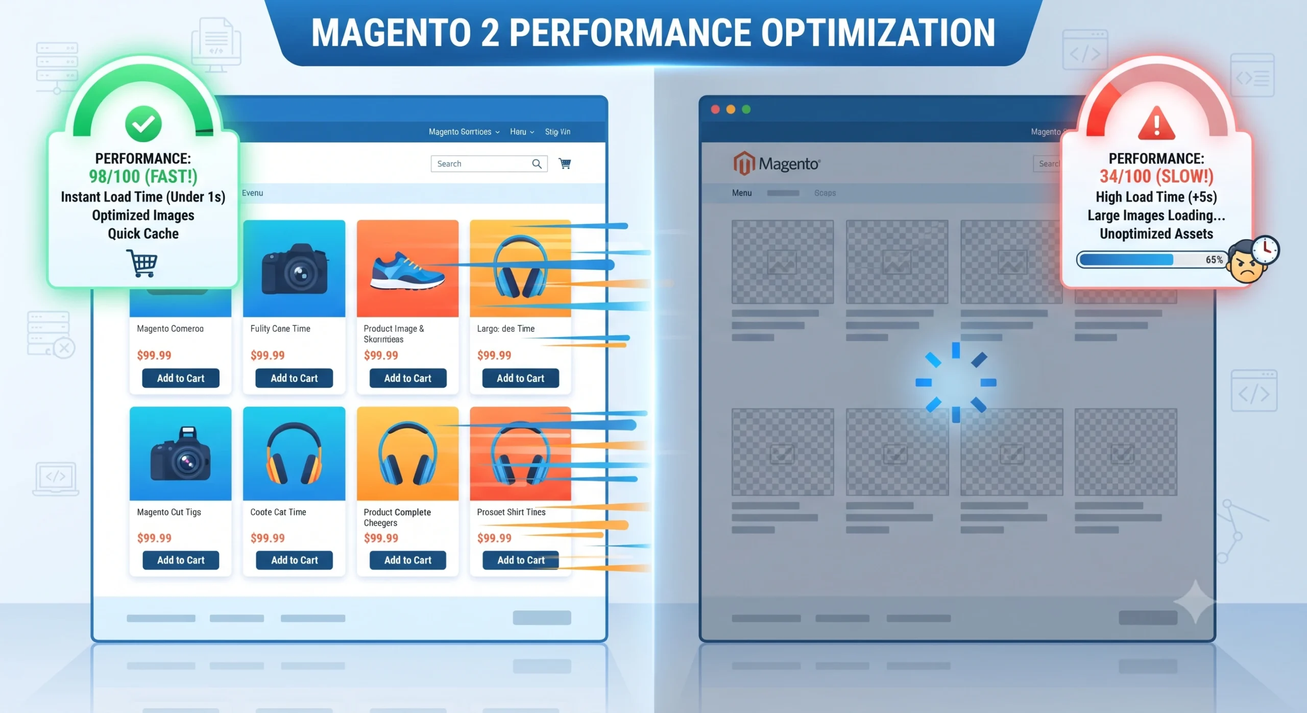 Magento 2 performance optimization comparison of fast versus slow storefront loading