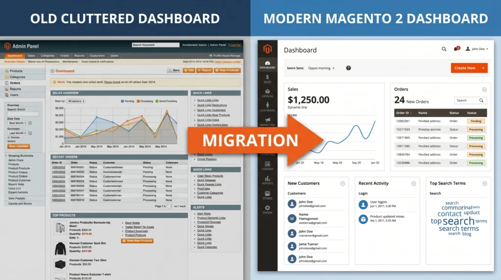Magento 1 and Magento 2 admin dashboards comparison
