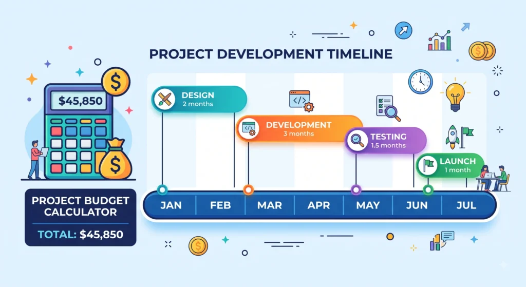 Budget and timeline planning graphic for Magento 2 migration