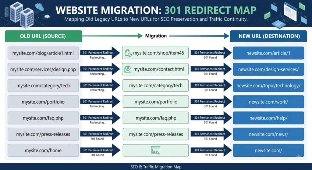 technical audit before migration redirect mapping diagram