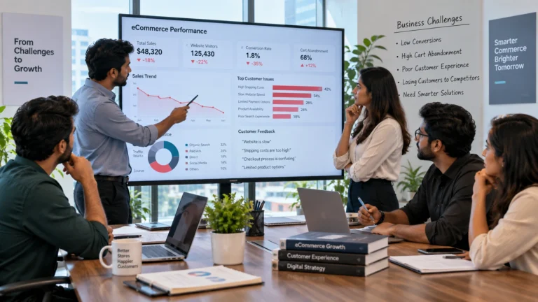 AI in eCommerce strategy team reviewing business problems before technology adoption