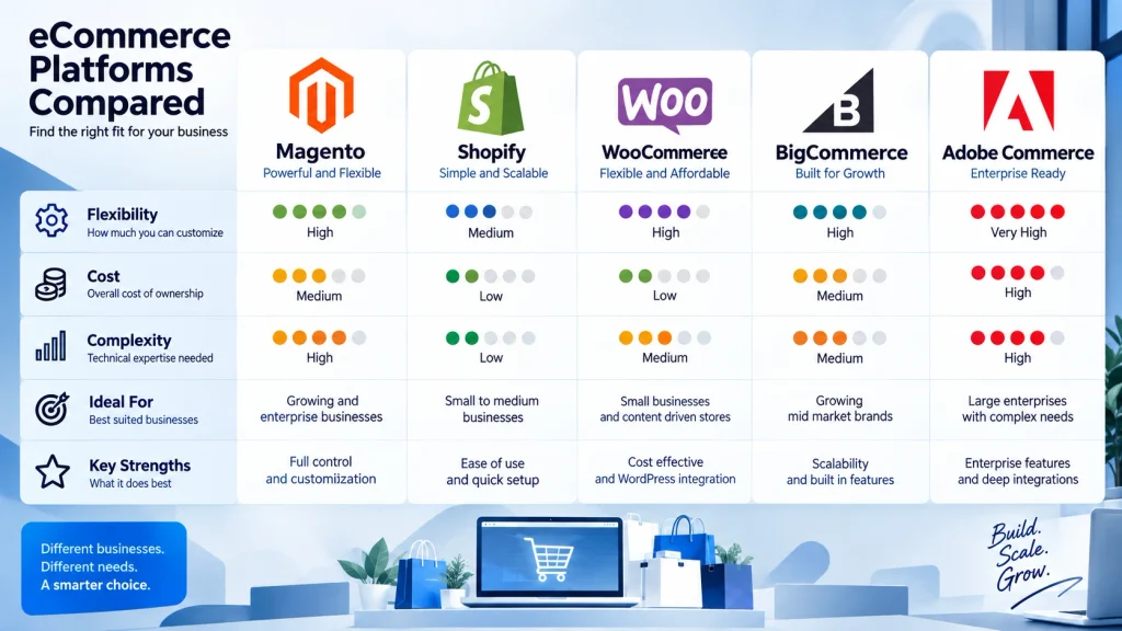 composable commerce platform comparison Magento Shopify WooCommerce BigCommerce Adobe Commerce