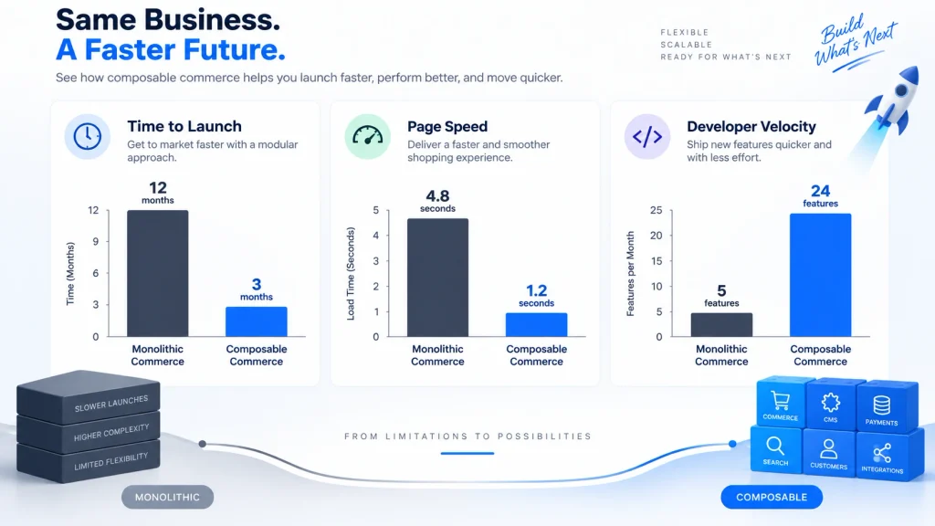ROI metrics comparing time to launch, page speed, and developer velocity