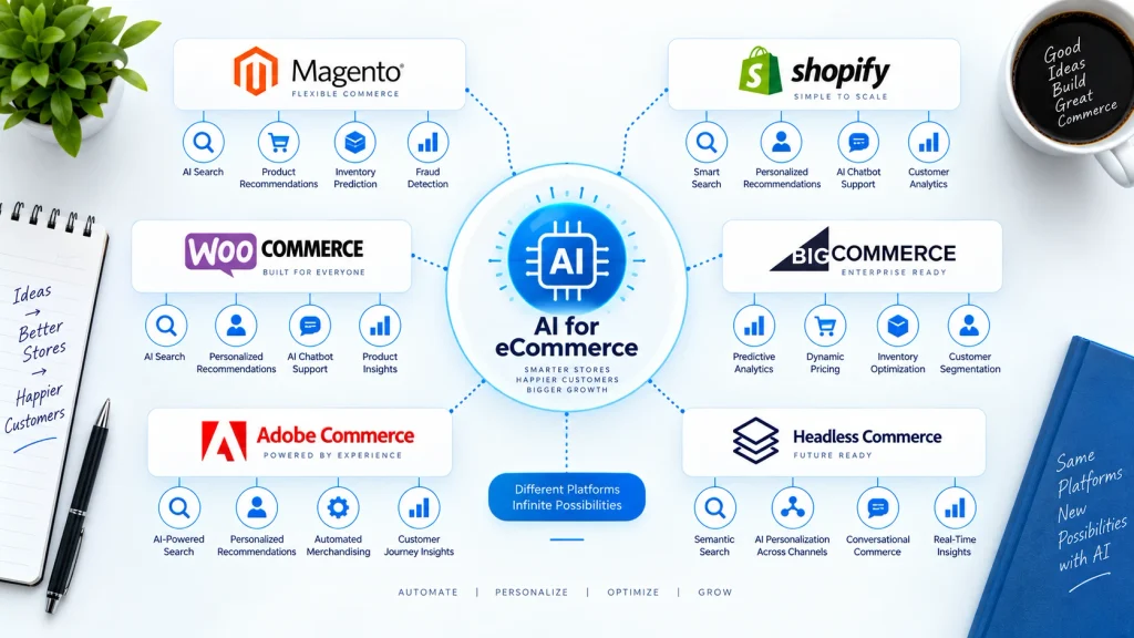Comparison of Magento Shopify WooCommerce BigCommerce and Adobe Commerce AI in eCommerce features