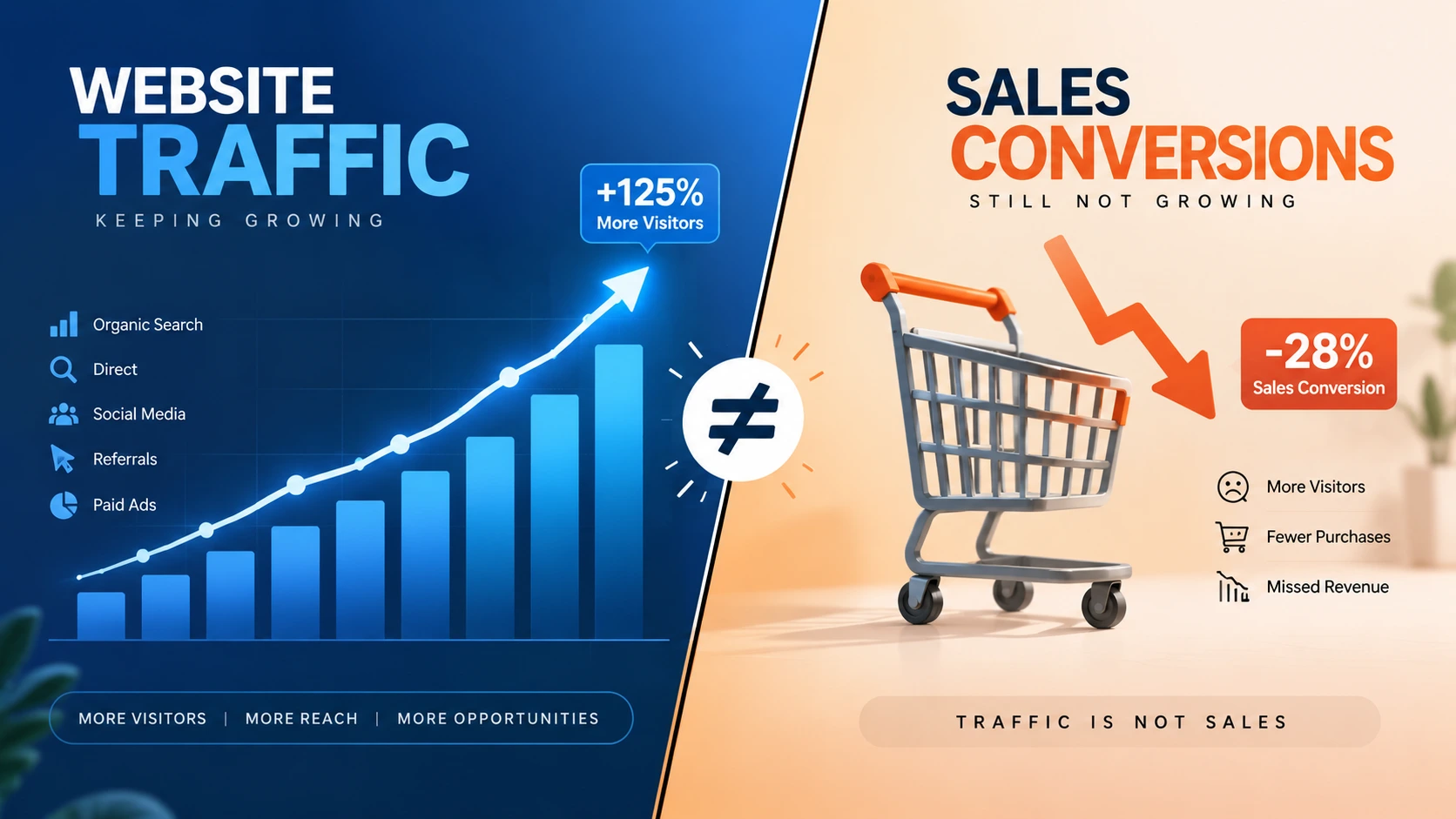 eCommerce sales conversion illustration showing rising traffic and empty cart