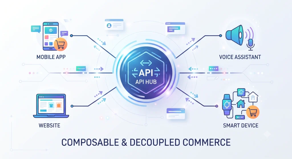 Future trends showing composable architecture connected to multiple shopping channels