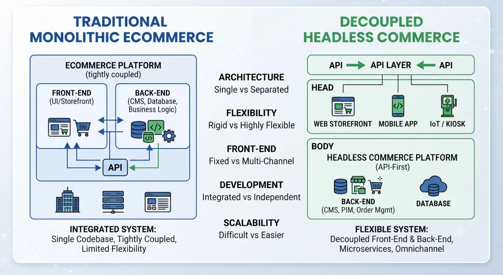 headless commerce vs traditional eCommerce architecture diagram