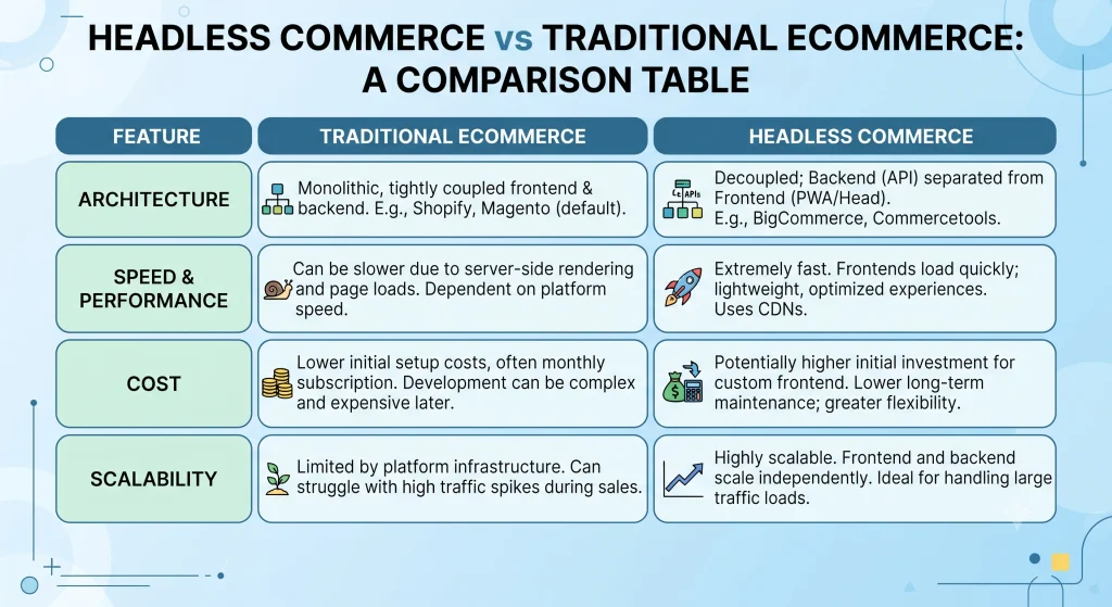 headless commerce vs traditional eCommerce key differences chart