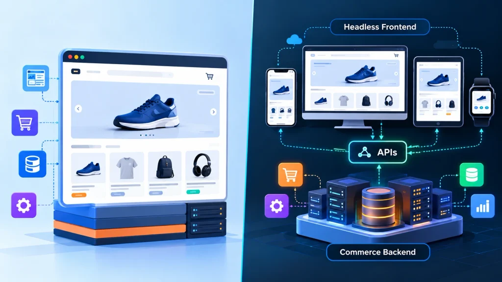 Headless commerce and Magento store architecture compared with a coupled storefront