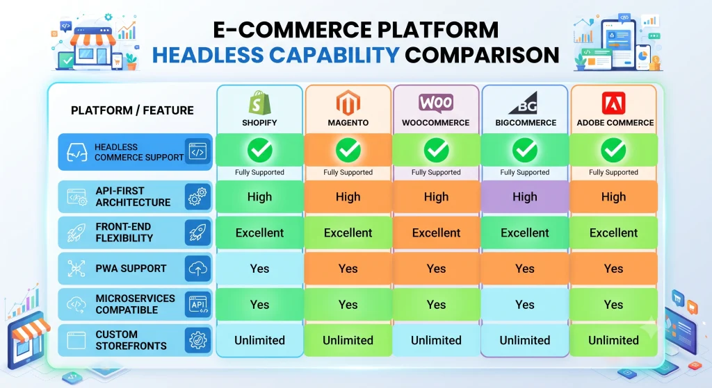 platform comparison table for a headless commerce platform across Shopify Magento WooCommerce BigCommerce and Adobe Commerce