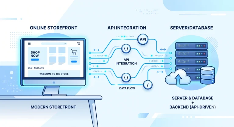 headless commerce platform architecture illustration showing storefront connected to backend via API