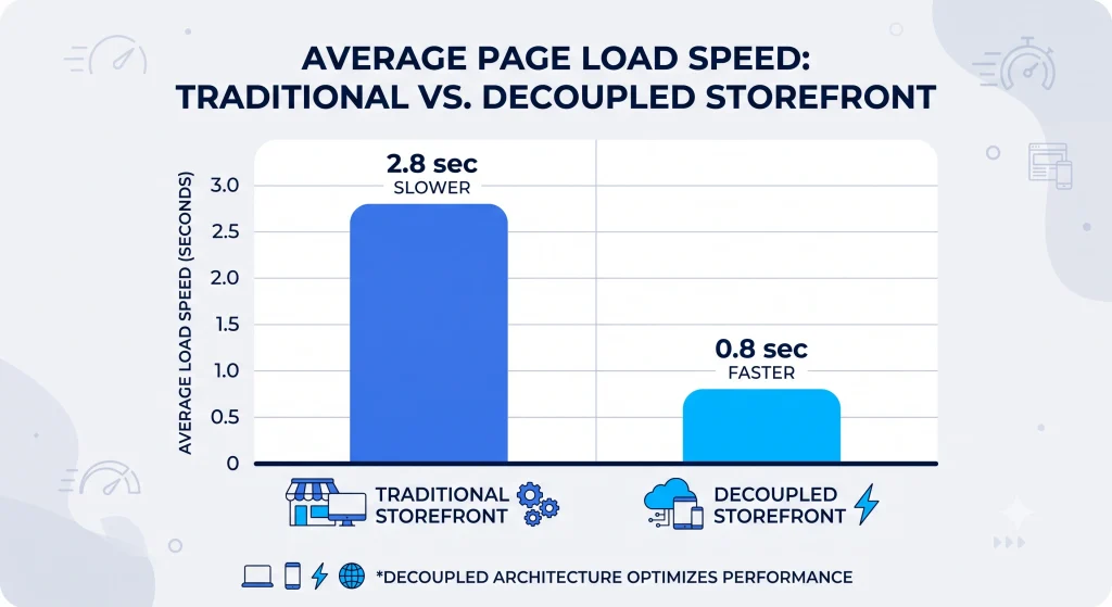 page speed comparison chart between traditional storefront and a headless commerce platform storefront