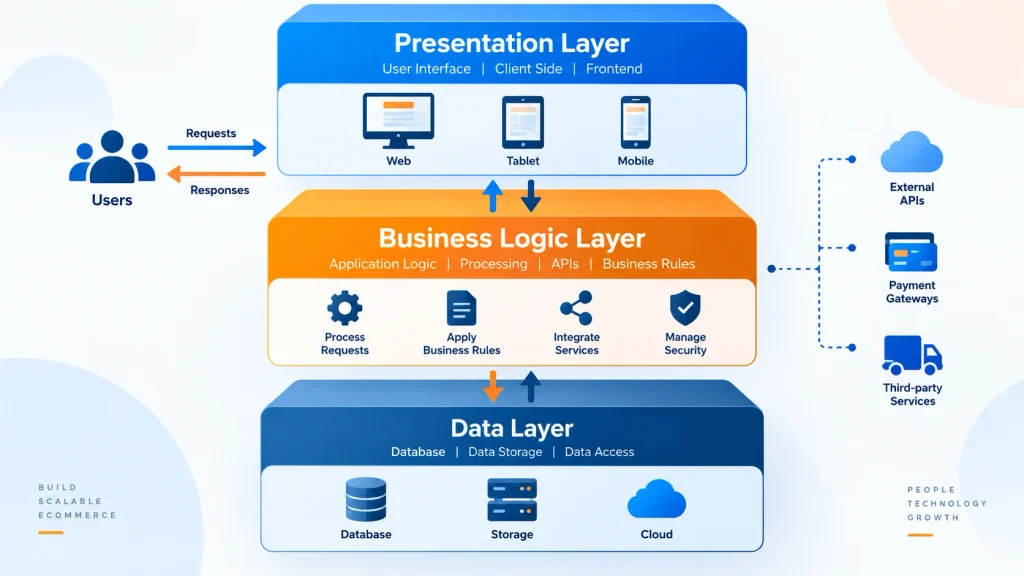 Magento 2 architecture layers showing presentation, business logic, and database structure 