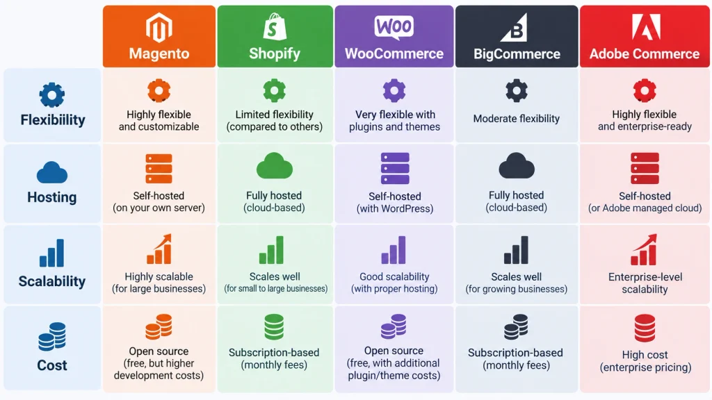 eCommerce platform comparison chart covering Shopify, WooCommerce, BigCommerce, and Adobe Commerce