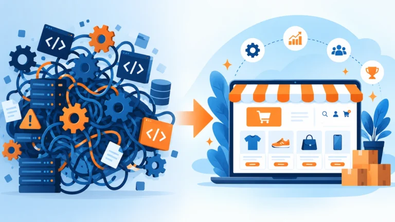 Magento 2 complexity illustrated as tangled gears turning into an organized storefront