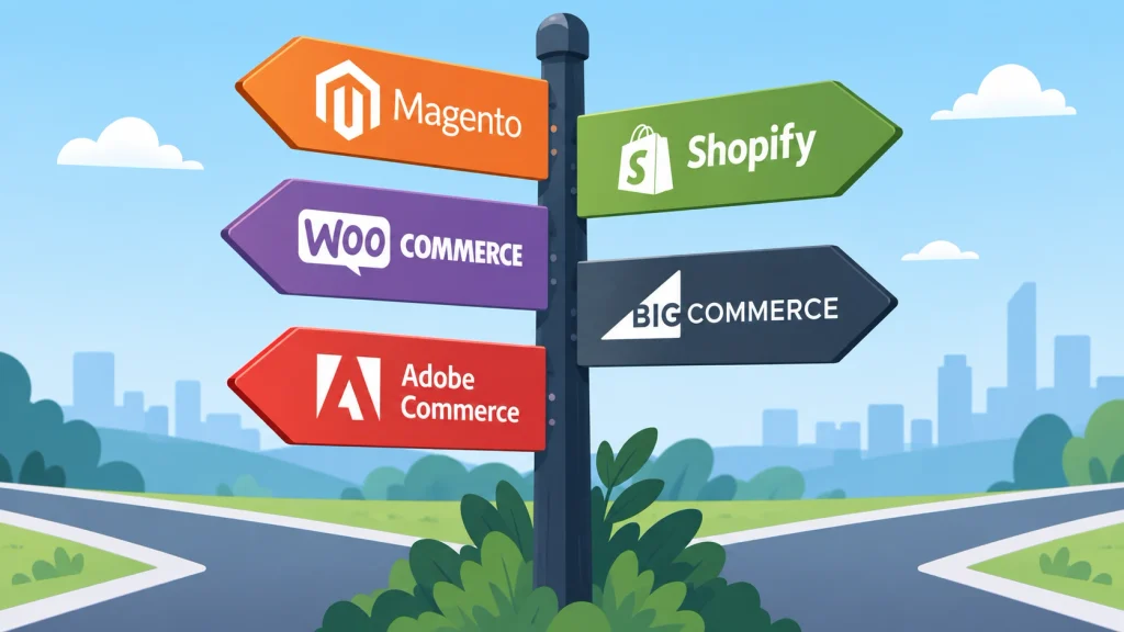 Comparing platform paths after Magento 2 complexity including Shopify, WooCommerce, BigCommerce, and Adobe Commerce