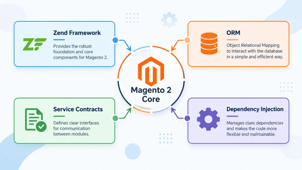 Core components of Magento 2 architecture including ORM, service contracts, and dependency injection 